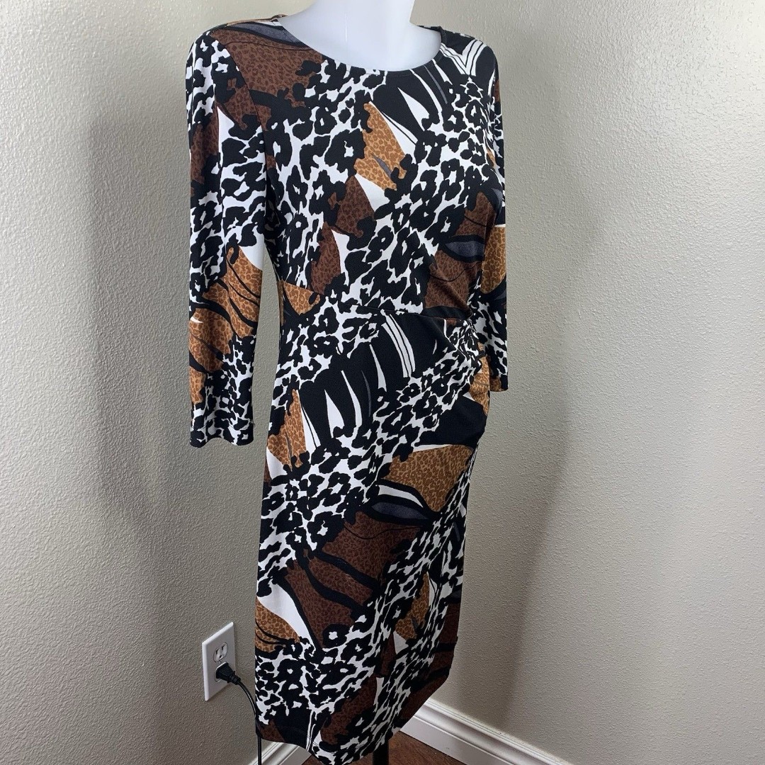 Donna Morgan Faux Wrap Stretchy 3/4 Sleeve Dress Womens Sz 6 Black Brown Pattern