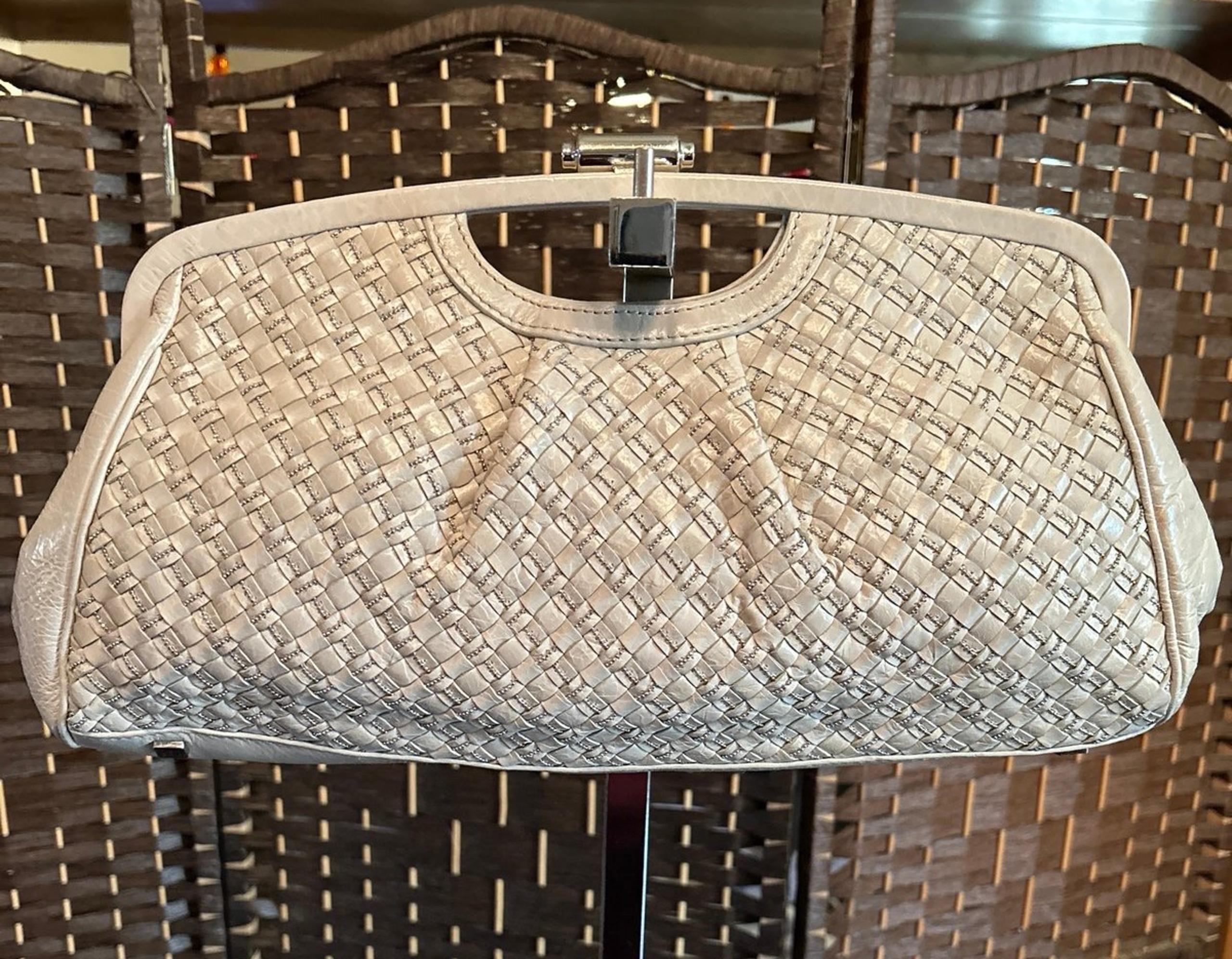 Vintage Elliott Lucca ivory woven bag, genuine, leather clutch