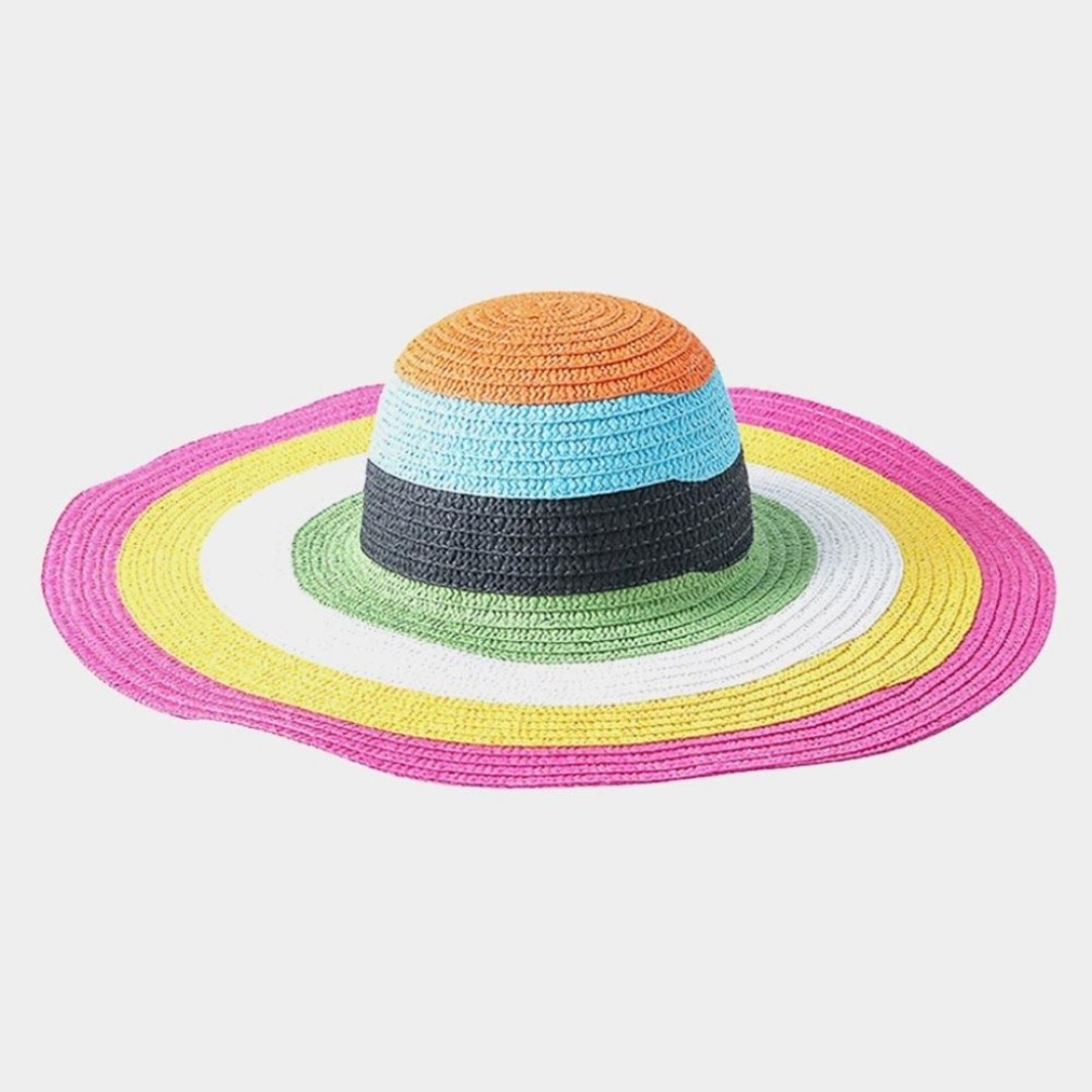 Pink Orange Yellow Colorblock Floppy Straw Sun Hat Brim Womens Beach Vacation