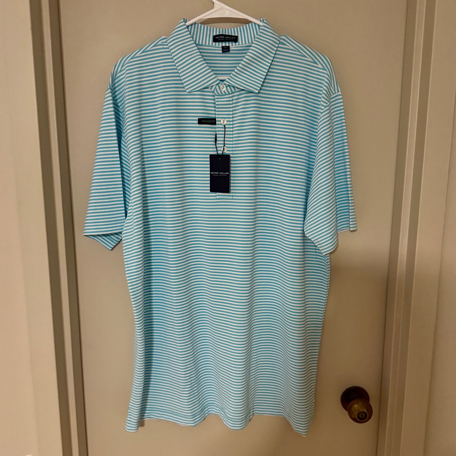 NWT Peter Millar Stripe Turquoise blue and white performance golf polo. Size XXL