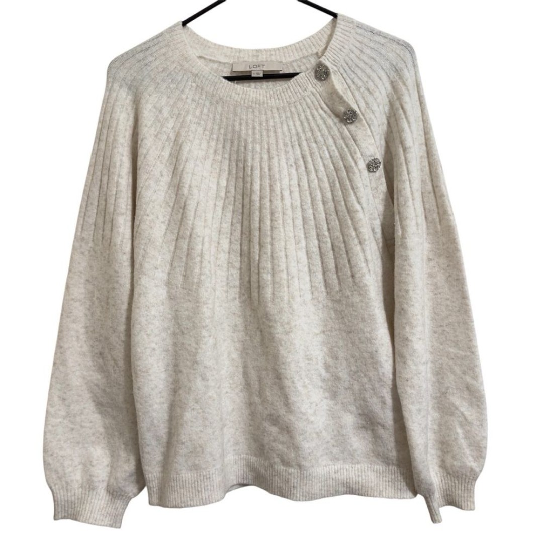 LOFT CRYSTAL BUTTON WOOL BLEND BISHOP LONG SLEEVES PULLOVER OATMEAL SWEATER M