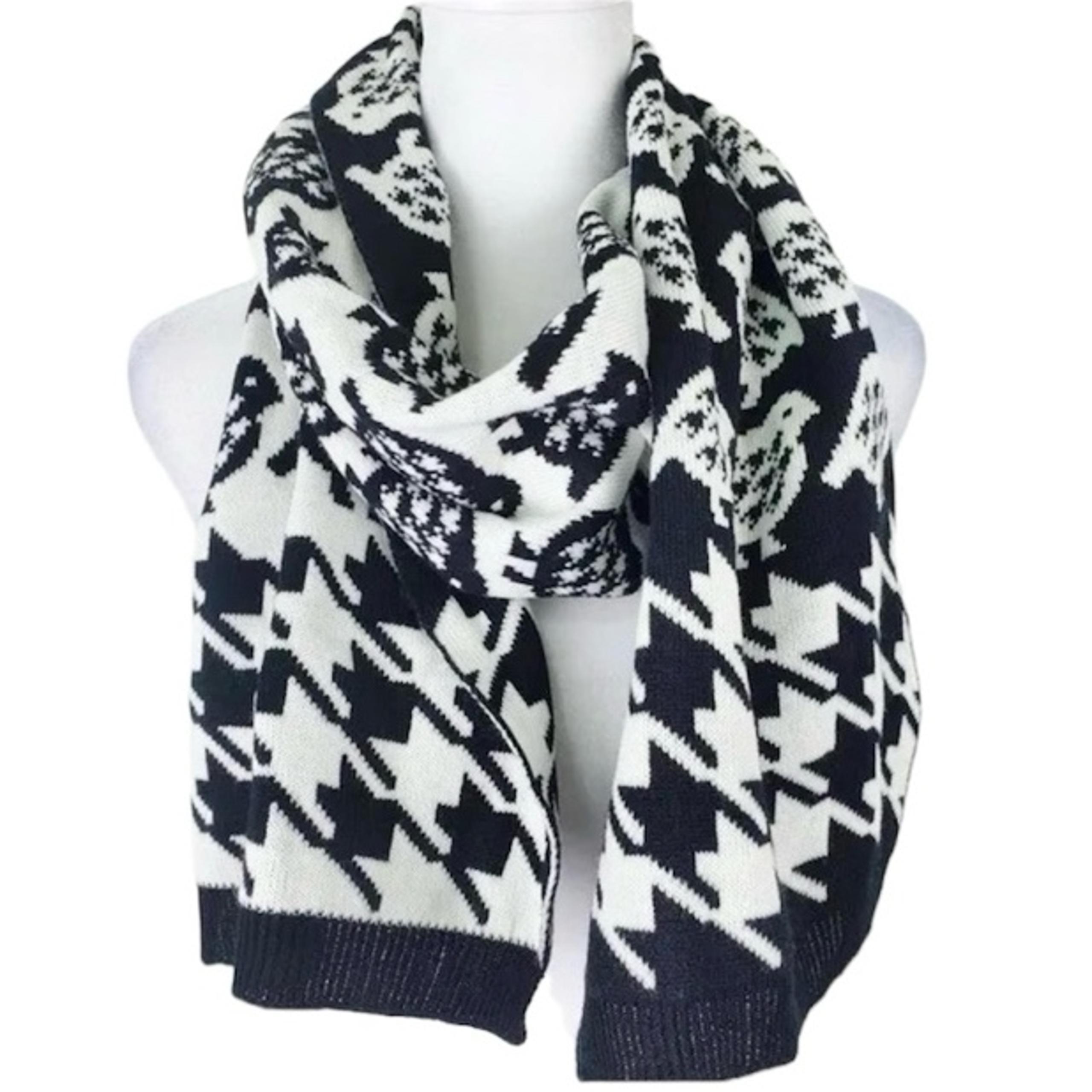 Charter Club Reversible Scarf Black White Houndstooth Bird