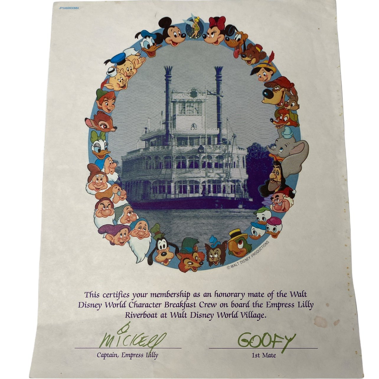 WDW Empress Lilly Honorary Mate Certificate Splash Mountain Character Breakfast.