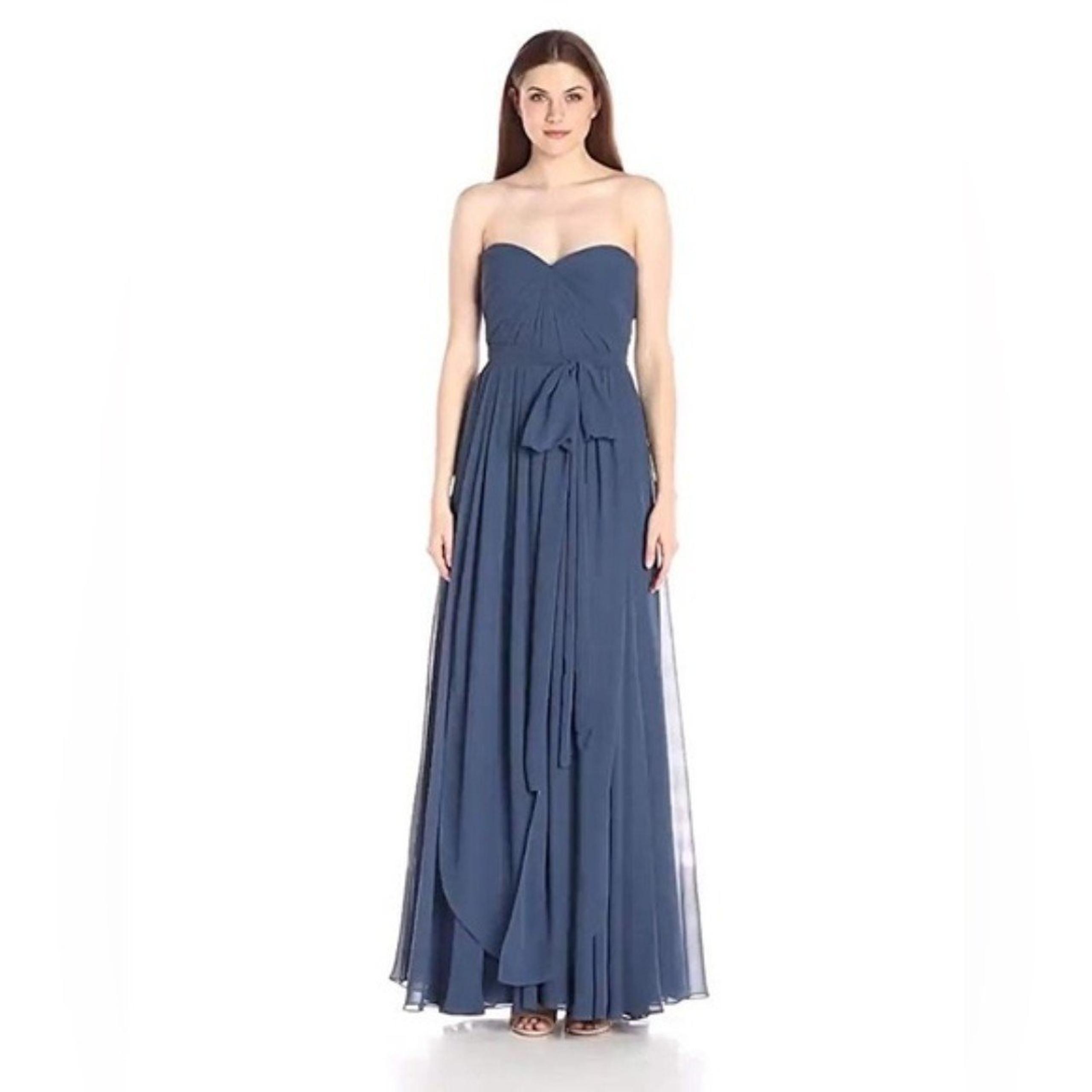 Jenny Yoo Mira Convertible Strapless Pleat Chiffon Blue Bridesmaid Gown- Size 14