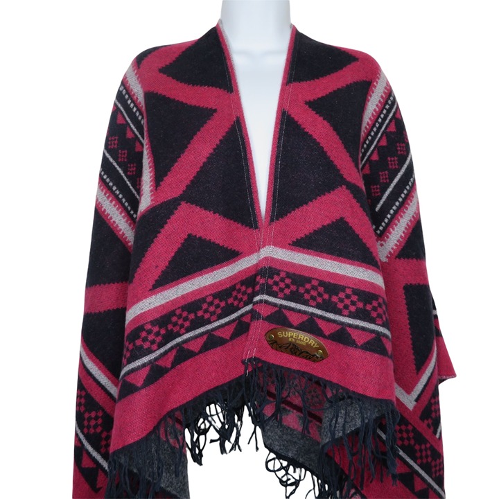 Vintage One Size Shawl Boho Cape Knit Blanket Poncho Fringe Southwest Aztec NEW