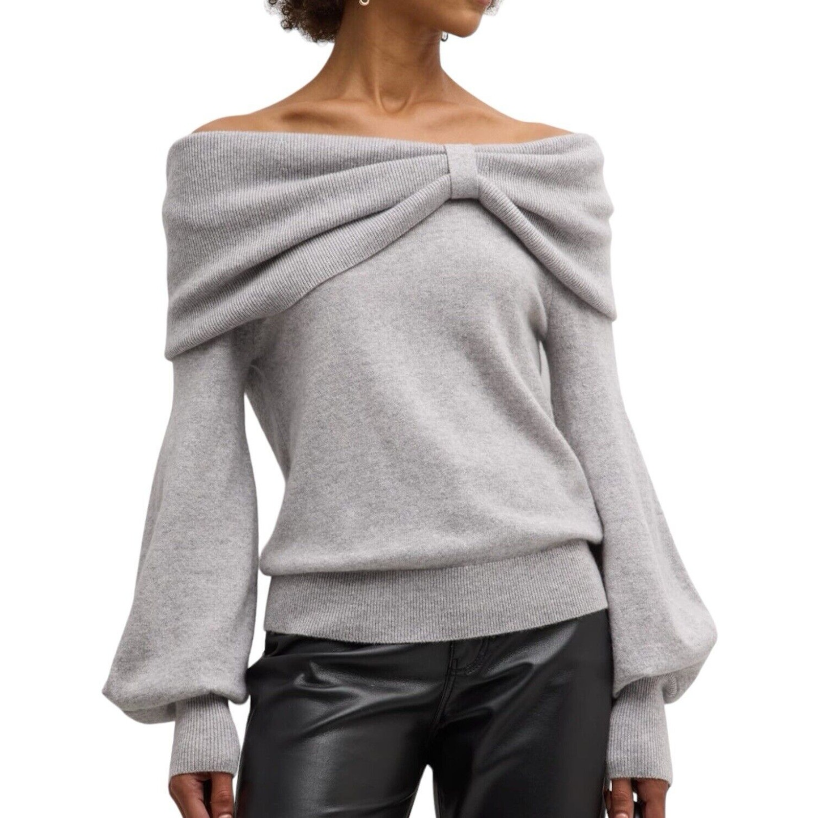 Neiman Marcus Cashmere Off- Shoulder Sweater With Knotted Detail In Pearl Grey M