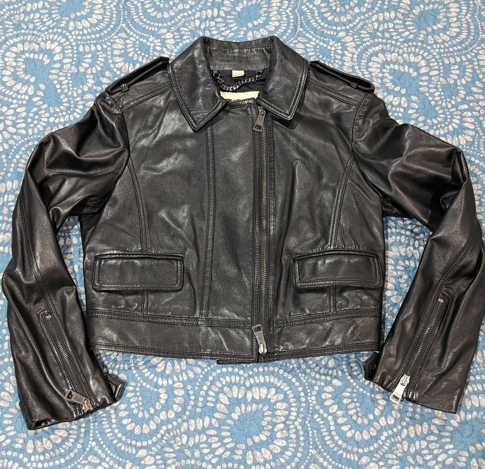 Burberry London Cropped Leather Long-Sleeve Moto Jacket Sz US4