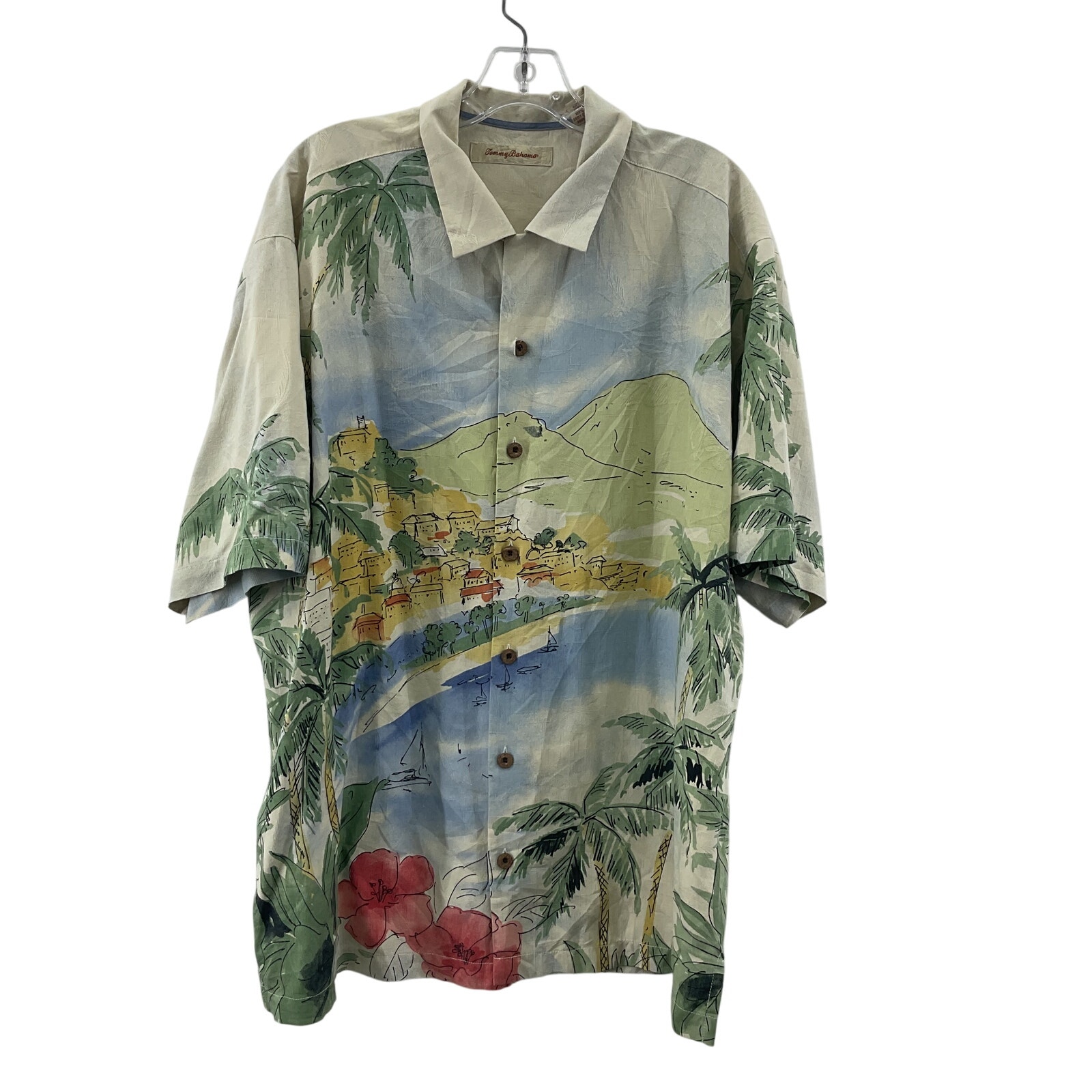Tommy Bahama Men Silk Caribbean Beach Button Shirt L Beige Short Sleeve Preowned