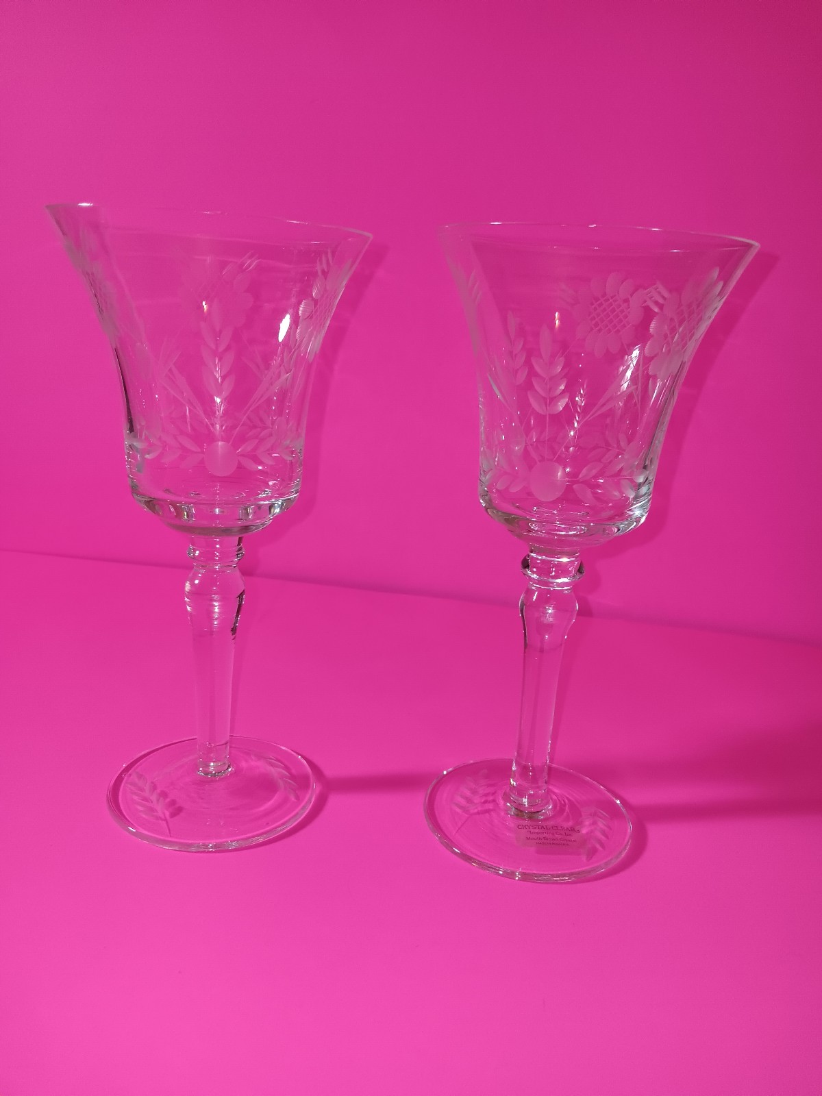 Vintage Clear Etched Flower Wine Glasses