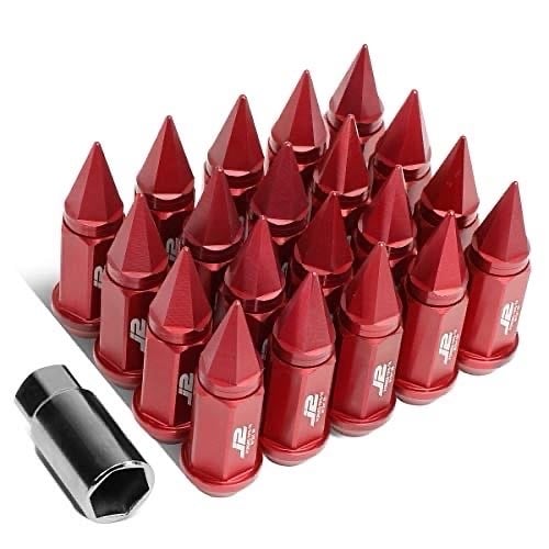Red 7075 Aluminum M12 x 1.5 20Pcs L: 75mm Spiky Cap Lug Nut w/Adapter tuercas