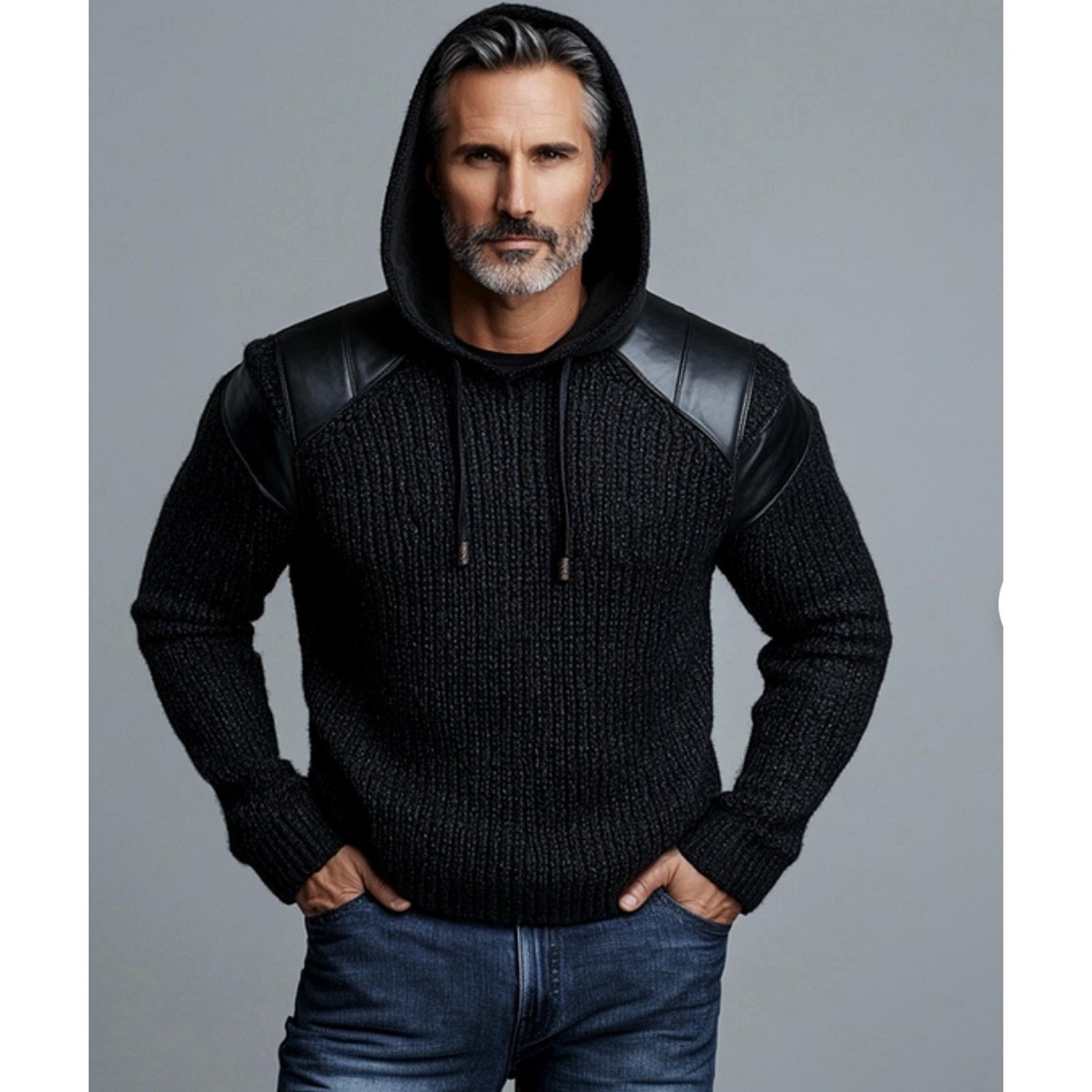 Giovanco Mens Knit Sweater PU Leather Long Sleeves Hoodie Size L