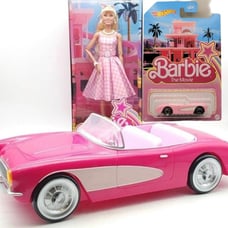 Barbie The Movie Corvette Popcorn Bucket & DOLL in Gingham Dress Diecast Set