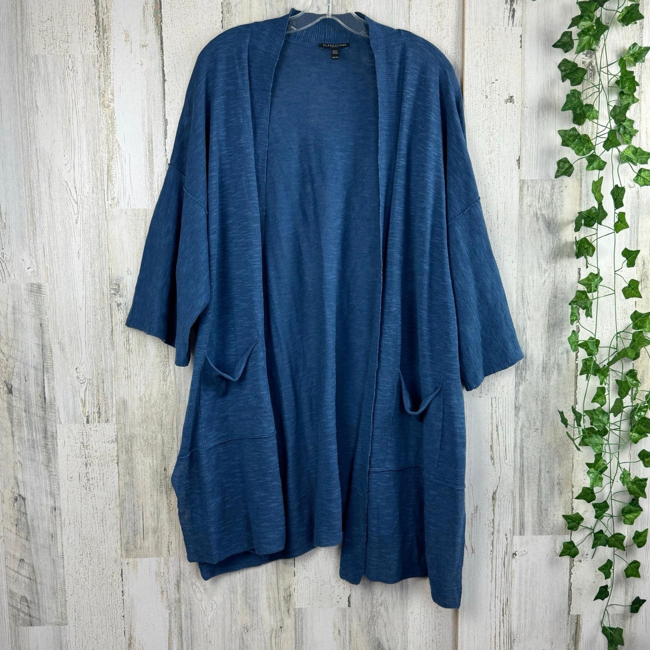 Eileen Fisher Organic Linen Blend Duster Open Cardigan Women's Size os/tu Blue