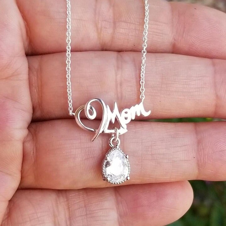 Sterling Silver MOM Necklace, White Sapphire Mom Necklace, Mom Pendant Necklace