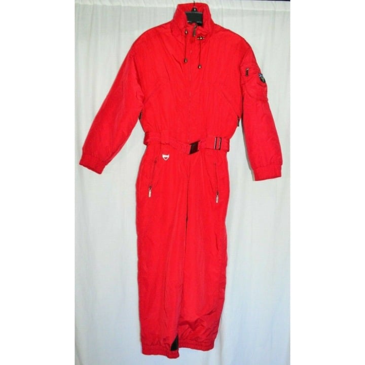 Tyrolia Snowsuit One Piece Womens Petite Size 12 Solid Red Vintage 1980s Era Ski