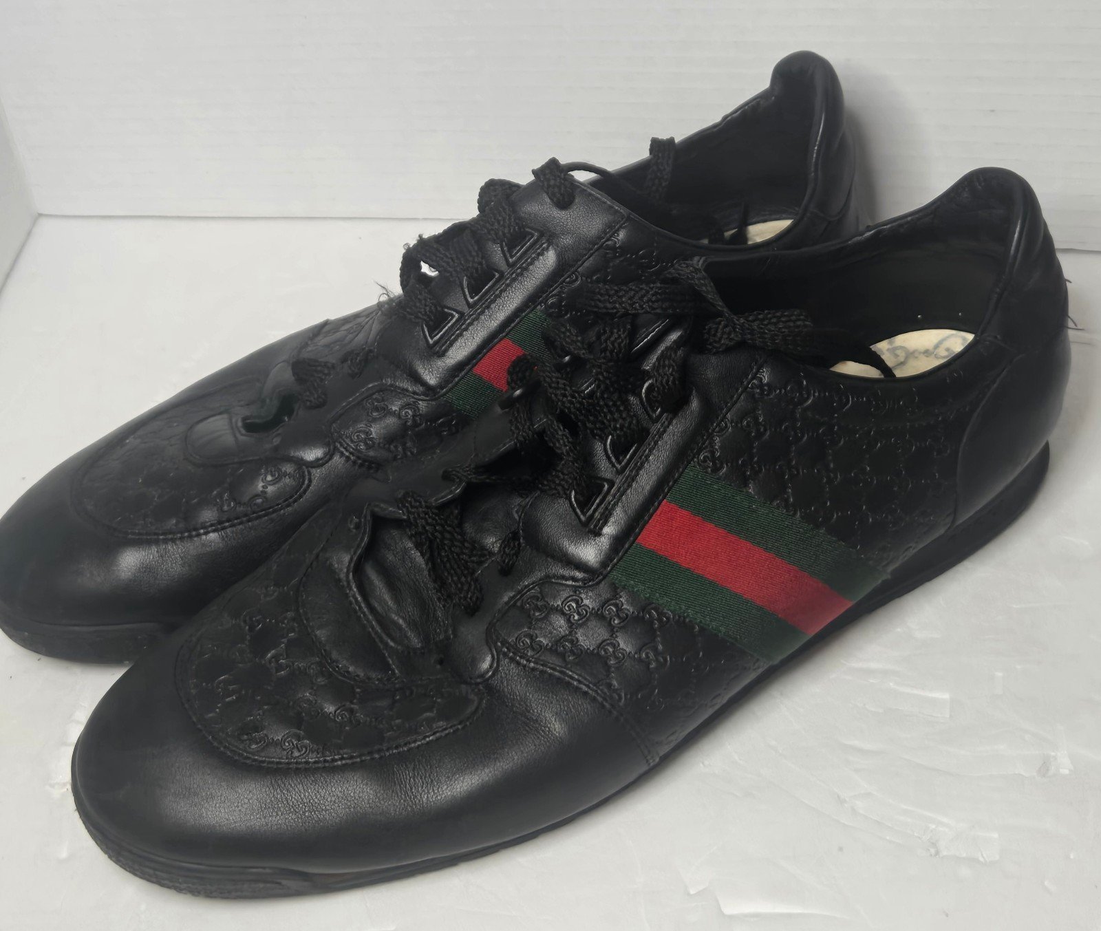 Gucci Black 'Lace-up Trainer Signature Web Sneakers size 14.5