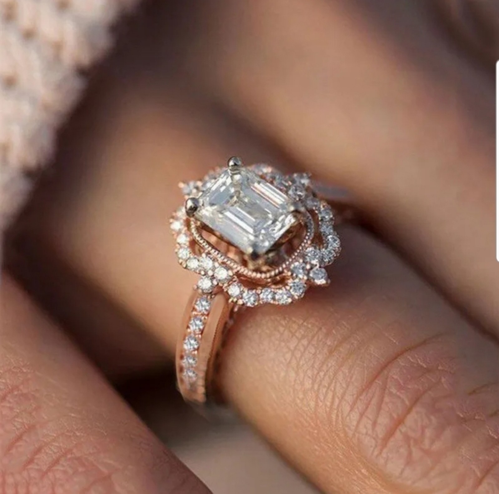 New 18K Rose Gold Plated Emerald Cut White Sapphire Diamond Ring