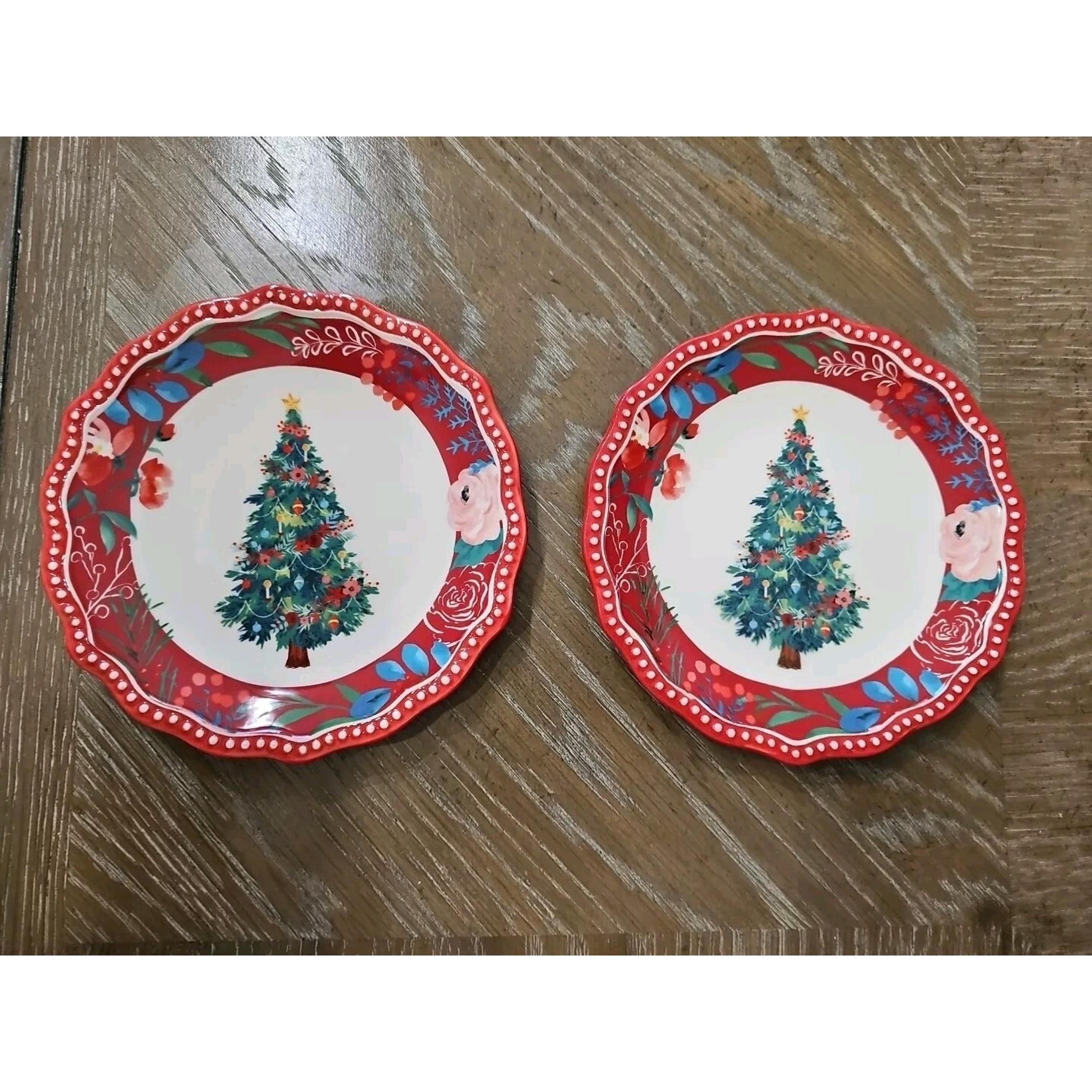 Pioneer Woman Wishful Winter Tree Appetizer Plate Red Christmas Floral (2)