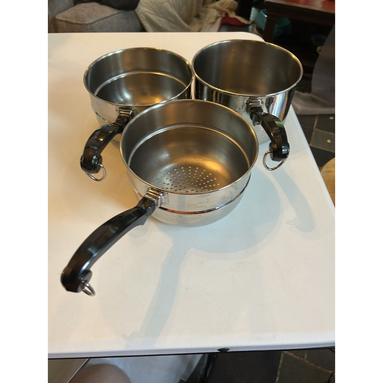 Lot Of 2 All clad Pans 2.5 Qt And 1 Strainer Pan!!