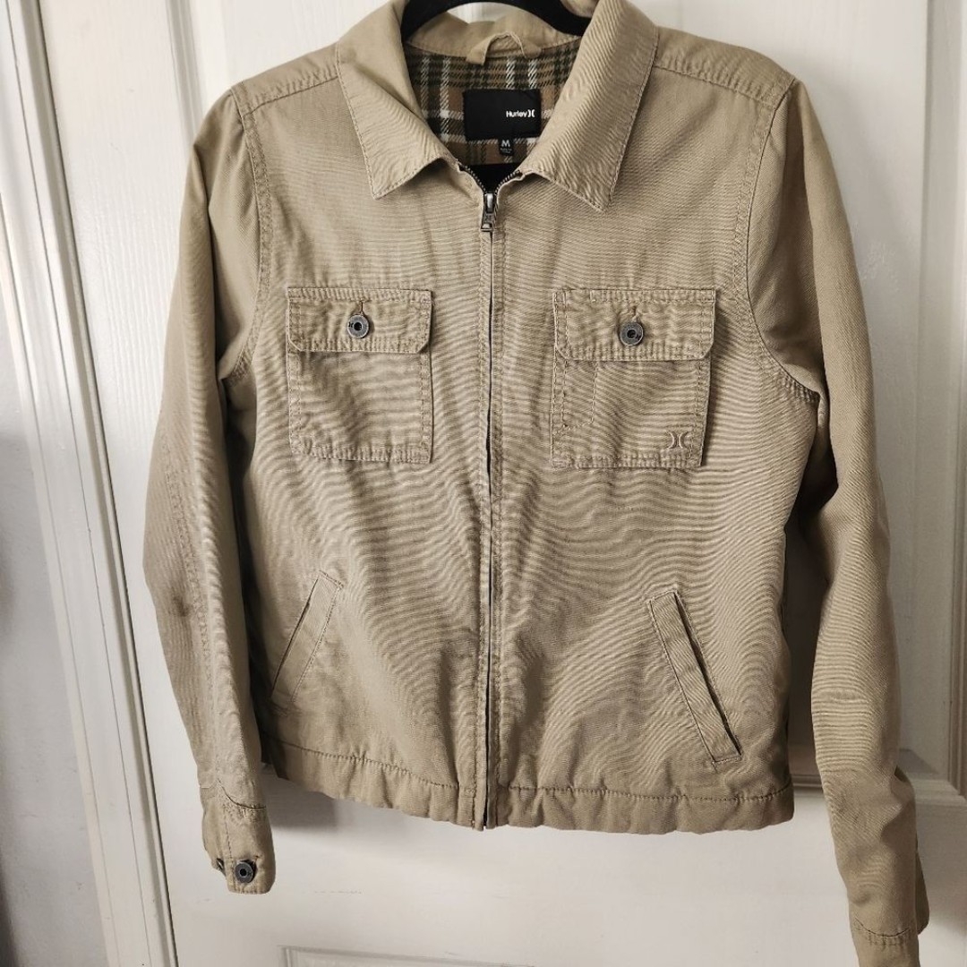 Hurley Canvas Utility Jacket Beige Fully Lined Flannel 4 Pocket