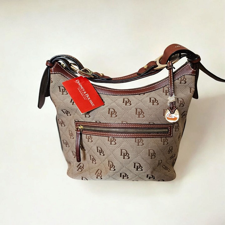 Dooney & Bourke Medium Stretch Slouch Hobo Brown Amber Monogram NWT