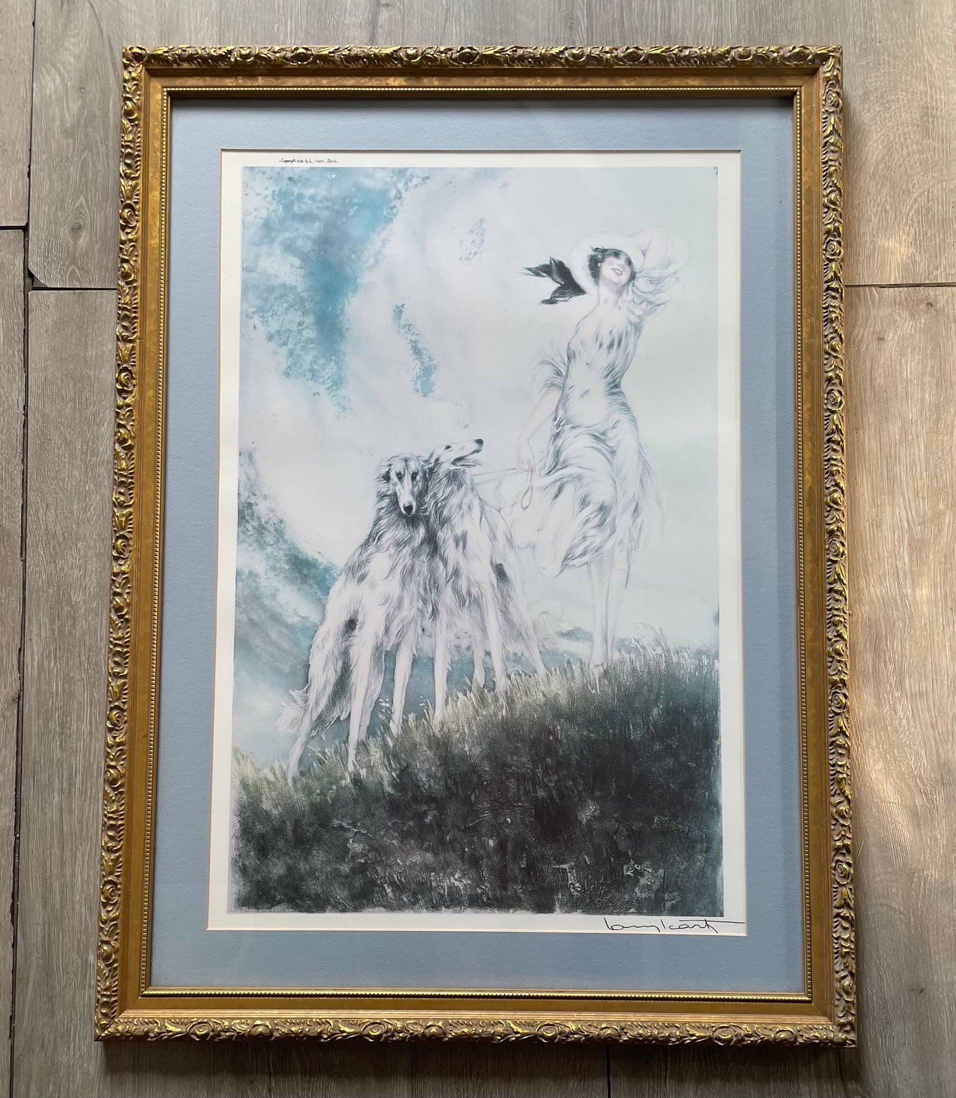 Antique Signed LOUIS ICART Graceful Lady “Dog Walker” Paris 1929