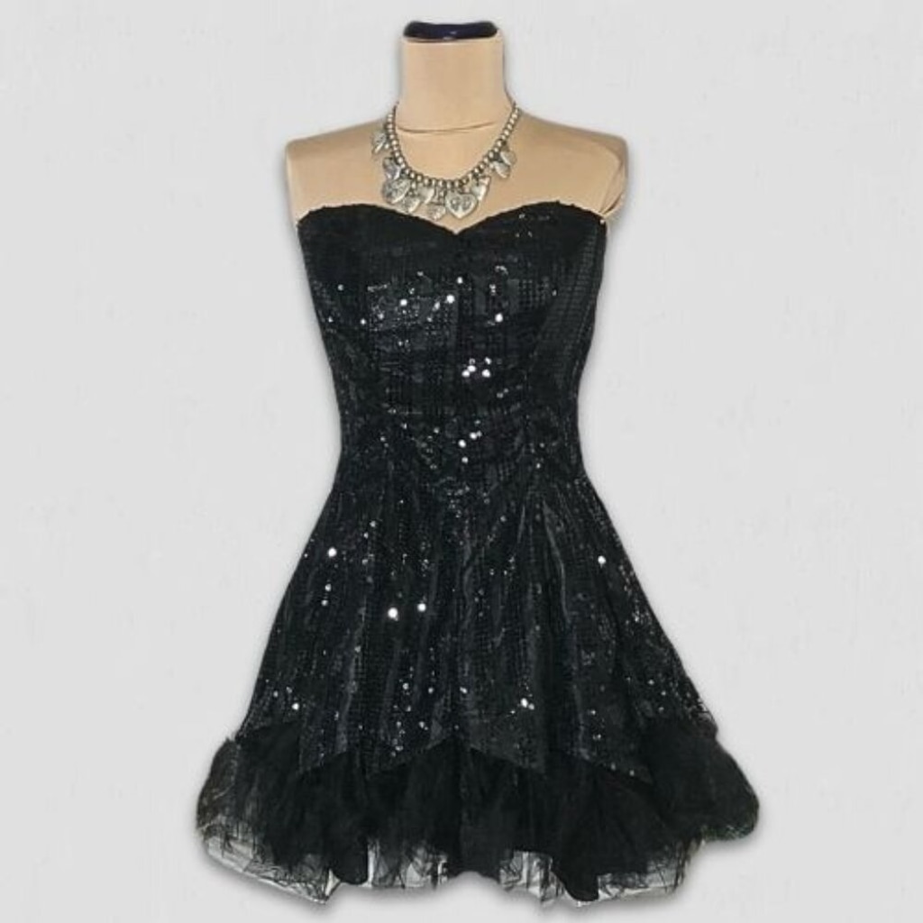 Vintage Y2K Masquerade Sequin Corset Tulle Mini Prom Dress Strapless Black sz S
