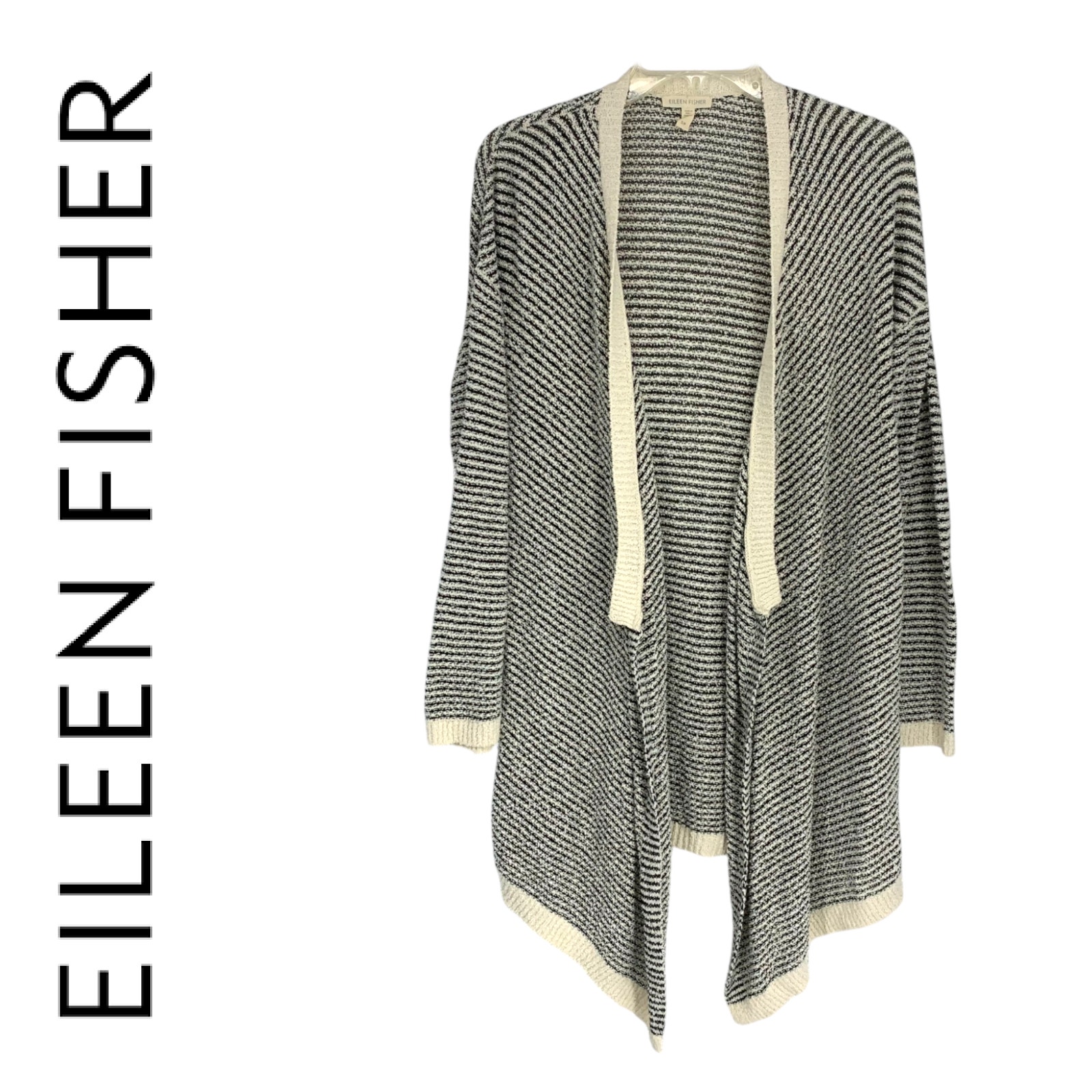 Eileen Fisher Sz S Striped Organic Cotton Longline Cardigan Sweater Minimalist
