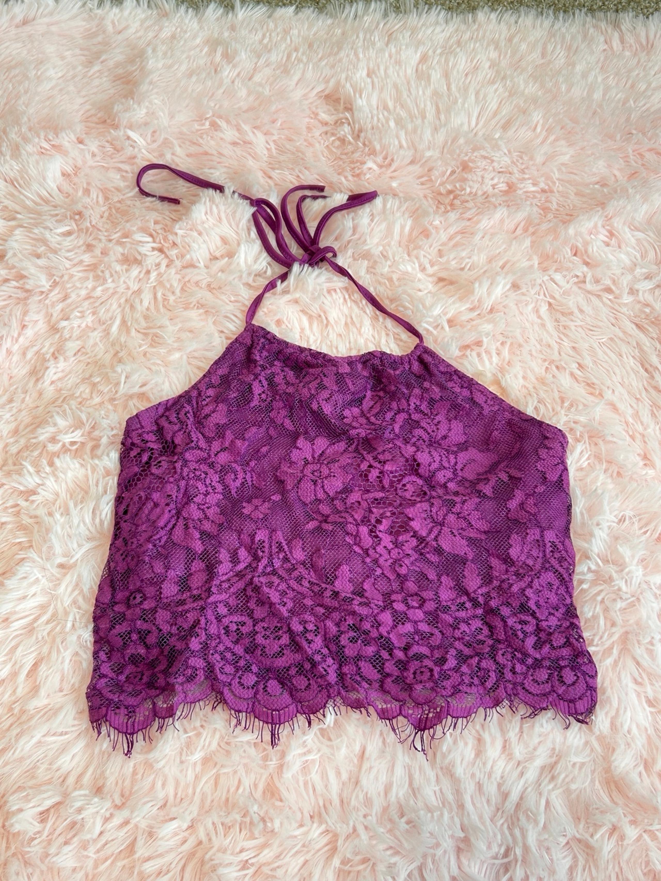 LA Hearts Magenta Lace Halter Crop Top