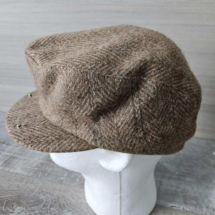 Vintage Brown Herringbone Flat Cap Large Made In USA 100% Pure Wool Newsboy Golf