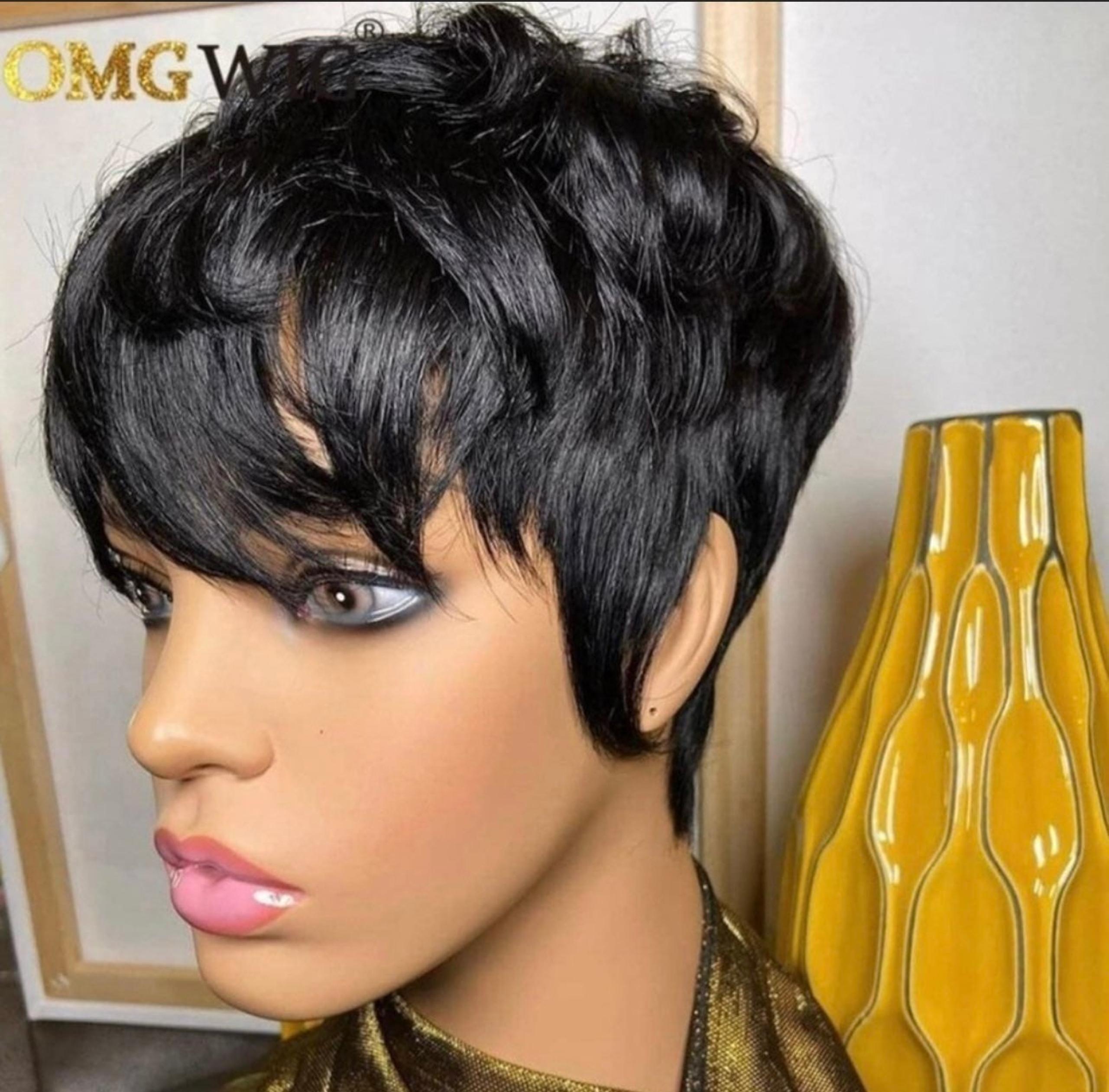 Alcobi-Short pixie cut wavy wave layered hair wig human hair short black color w