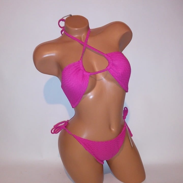 Victoria Secret Swim Bikini Top & Bottom Pink Textured Convertible String Large