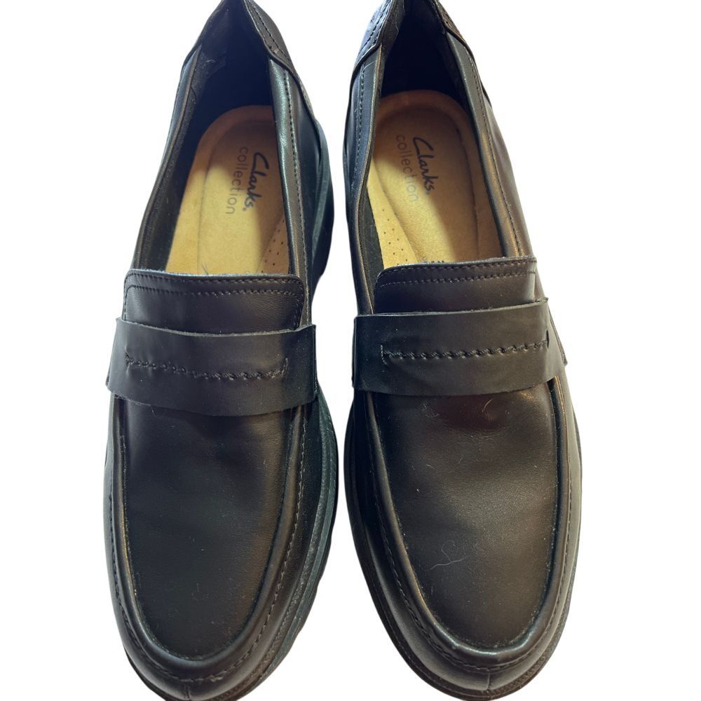 Clarks Collection Black Leather Penny Loafers Comfort Shoes Chunky Platform