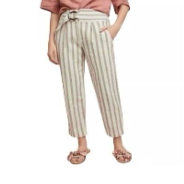 Anthropologie Oasis Striped Linen Blend Tailored Ankle Pants White/Taupe SZ 4 #