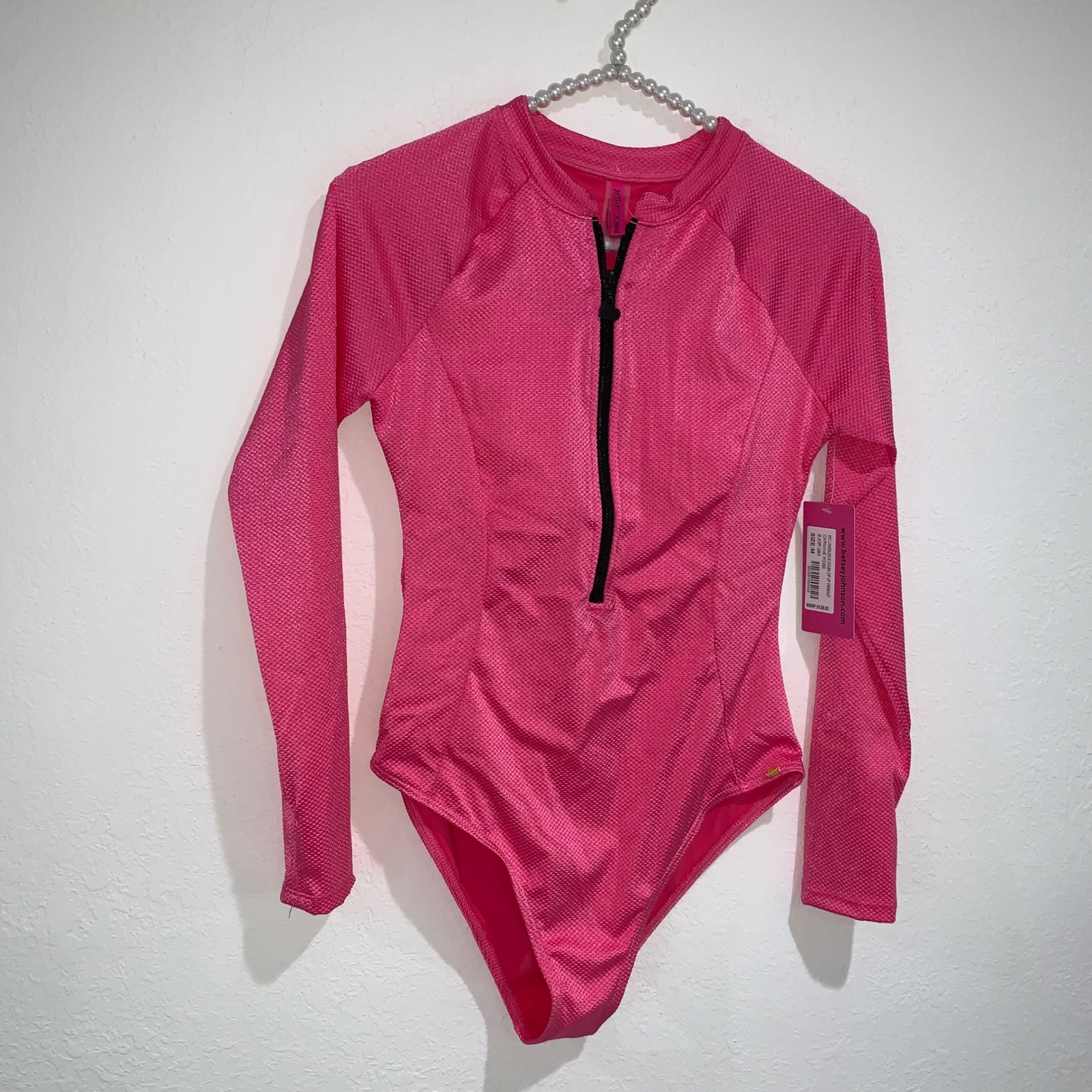 Betsey Johnson pink long sleeve rashguard one piece swimsuit size medium zip up