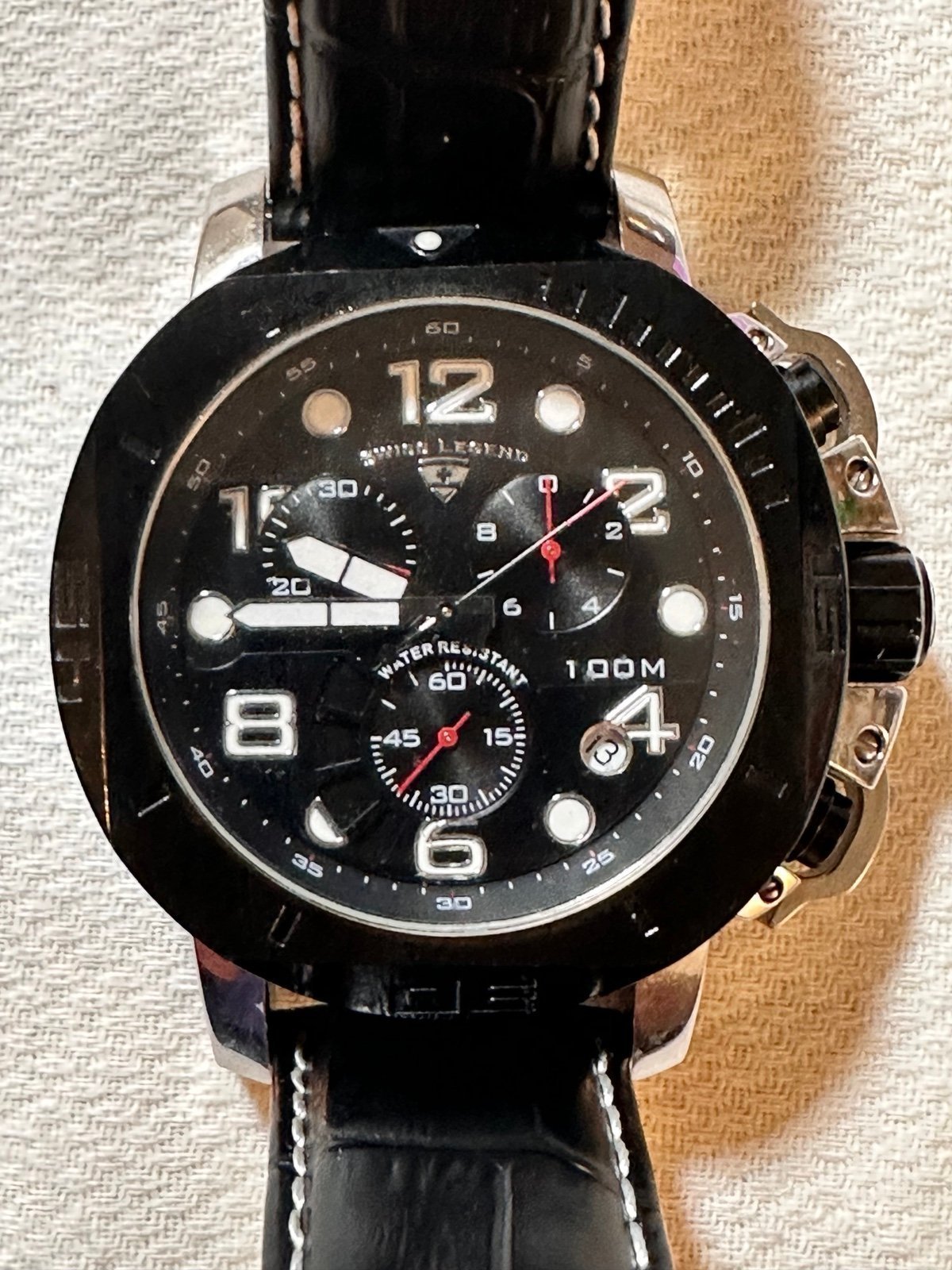 Swiss Lengend Scubador Watch, Black Besel and Leather Strap, Swiss Movement