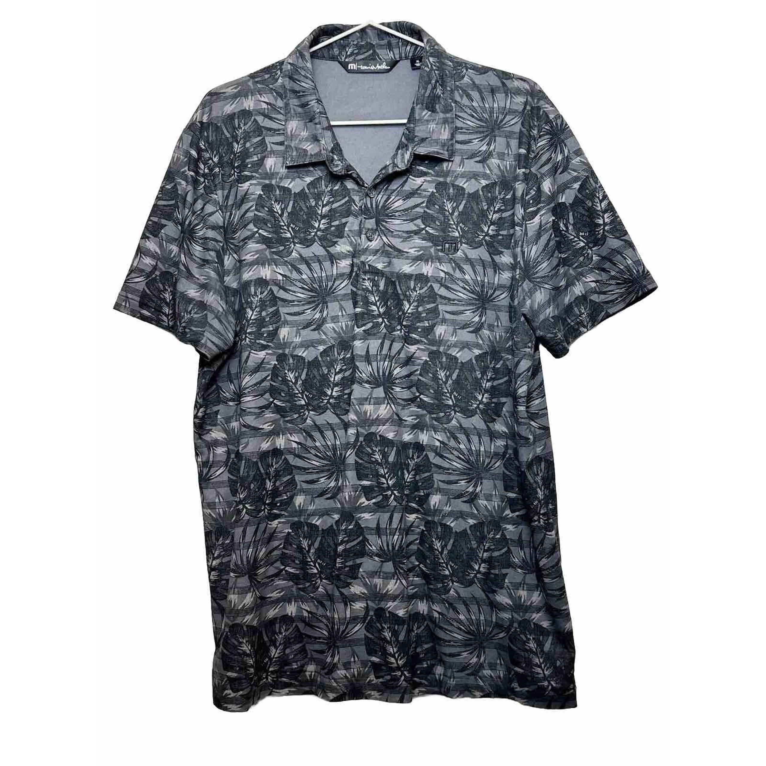 Travis Mathew Polo Golf Shirt Mens XL Floral Hawaiian Leaves Palms Grey Black