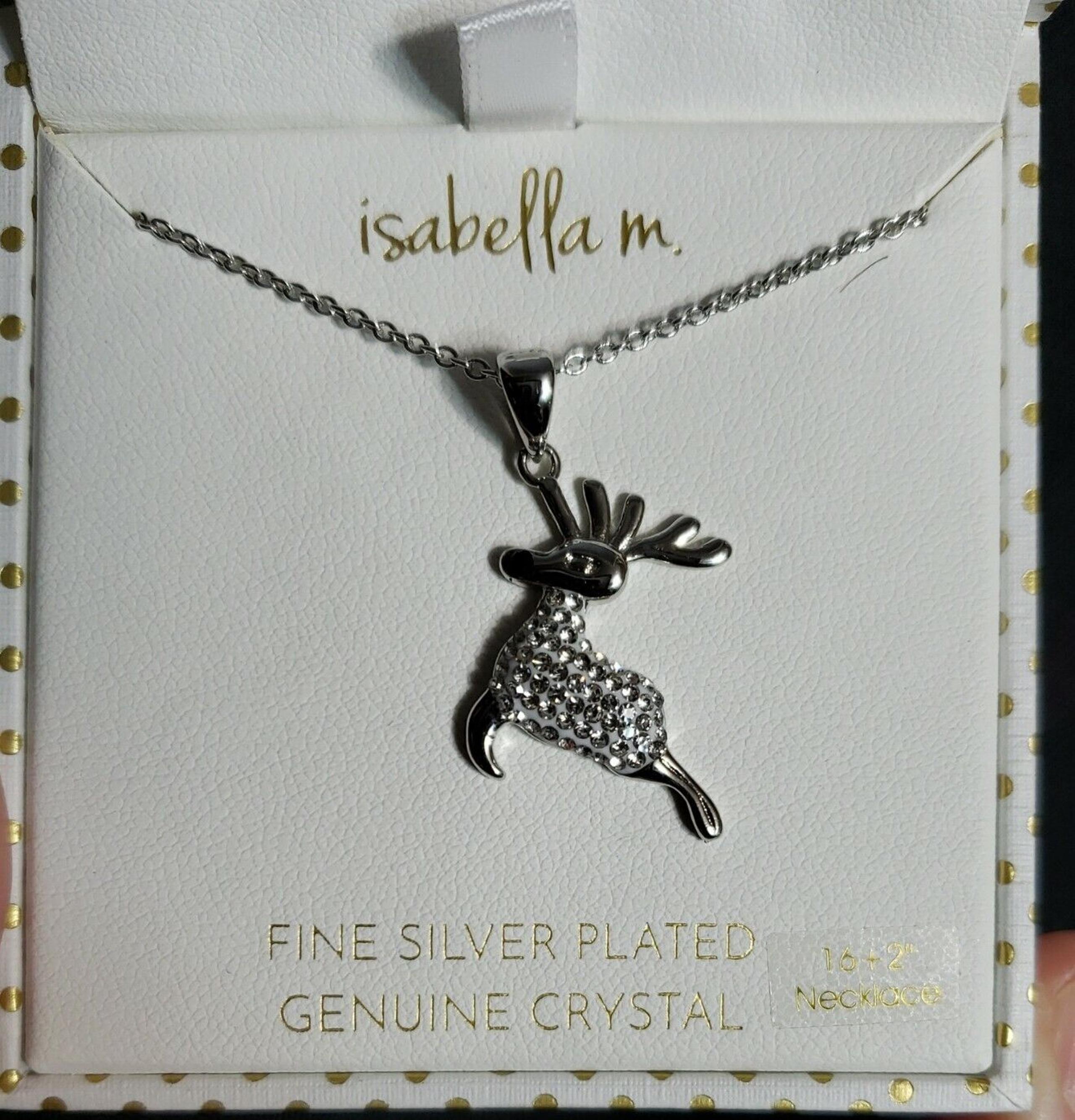 Isabella M crystal deer Necklace 16" + 2" fine Silver plated NIB Christmas (12)