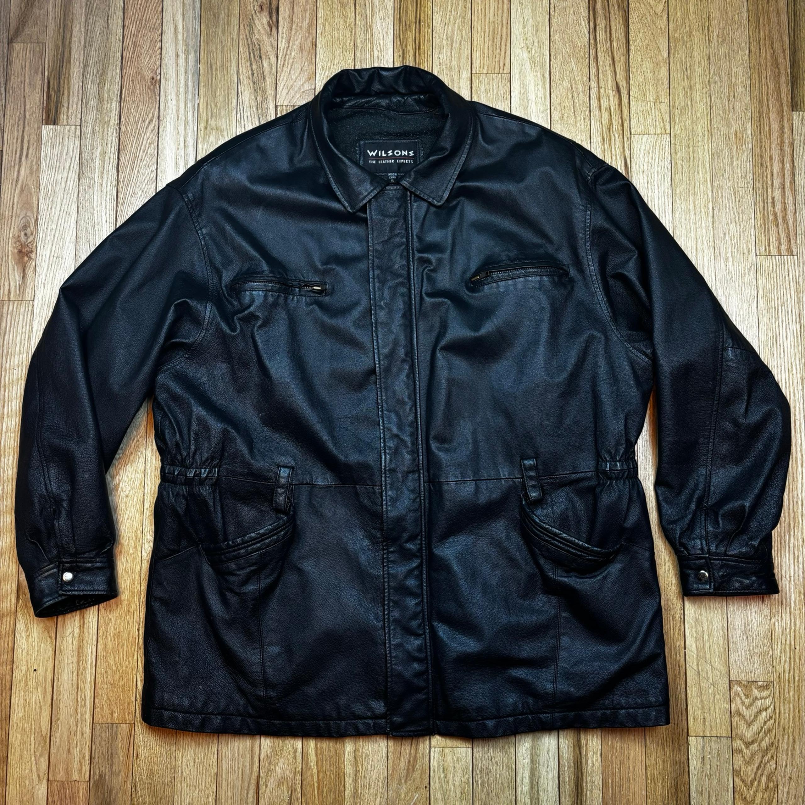 Vintage Wilsons Leather Jacket Men XL Black Motorcycle Half Trench Long Zip