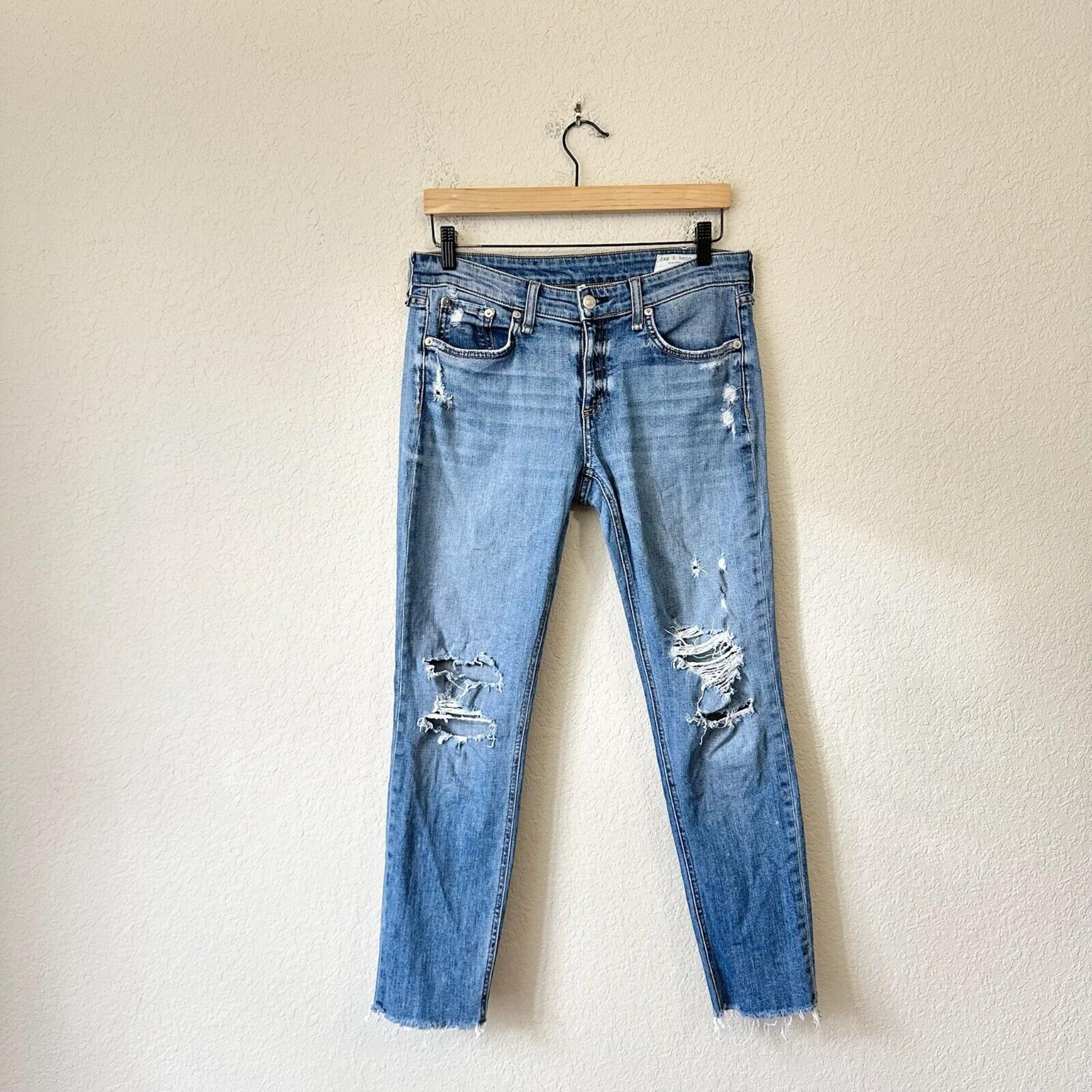 RAG & BONE Dre Low Rise Ankle Slim Boyfriend Jeans Blue Distressed