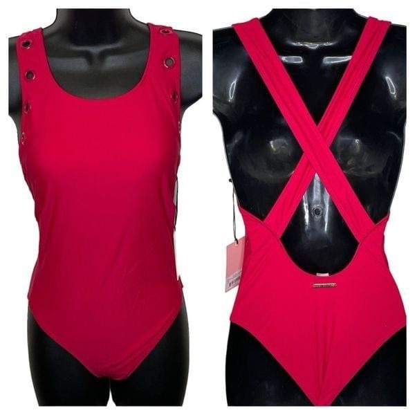 NWT Juicy Couture One Piece High Neck Swimsuit With Grommets Barberry Pink Small
