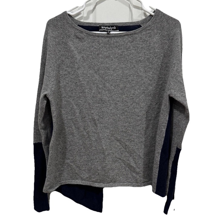 Knyt & Lynk 100% Cashmere Sweater Asymmetrical Small Blue Gray Pullover