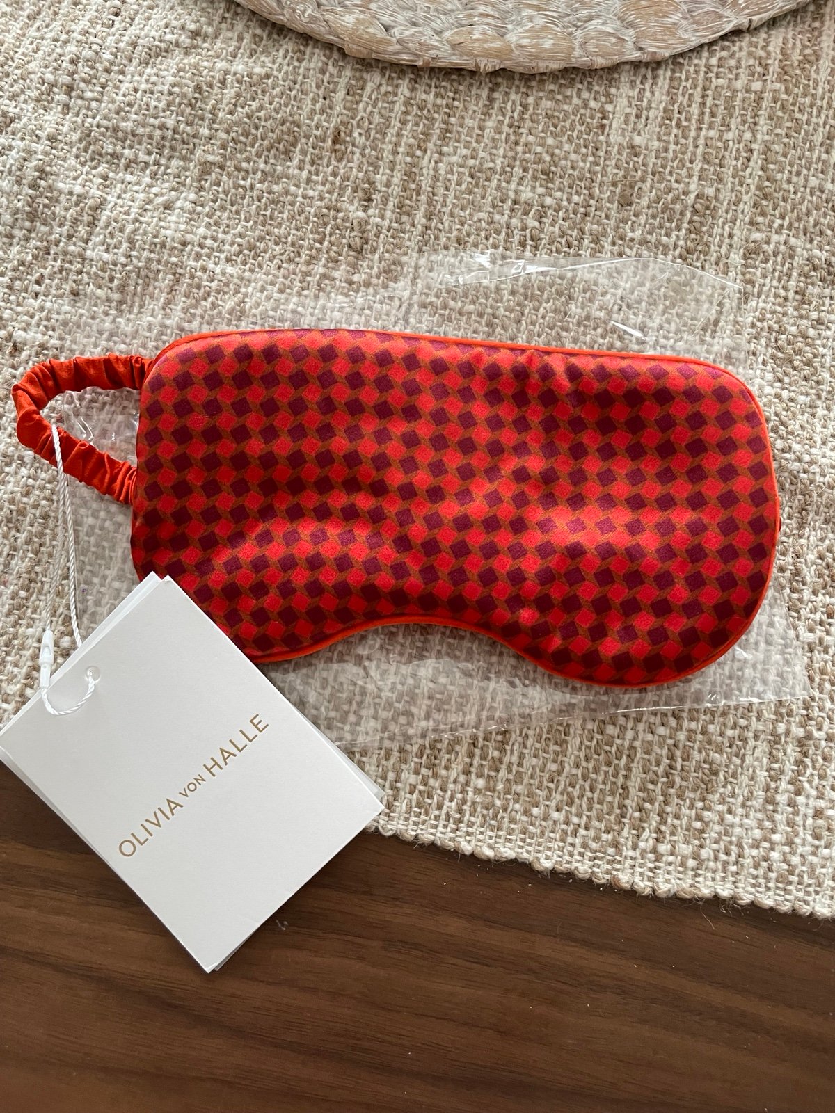 Olivia Von Halle Audrey Keaton Silk Sleep Eye Mask red checkered