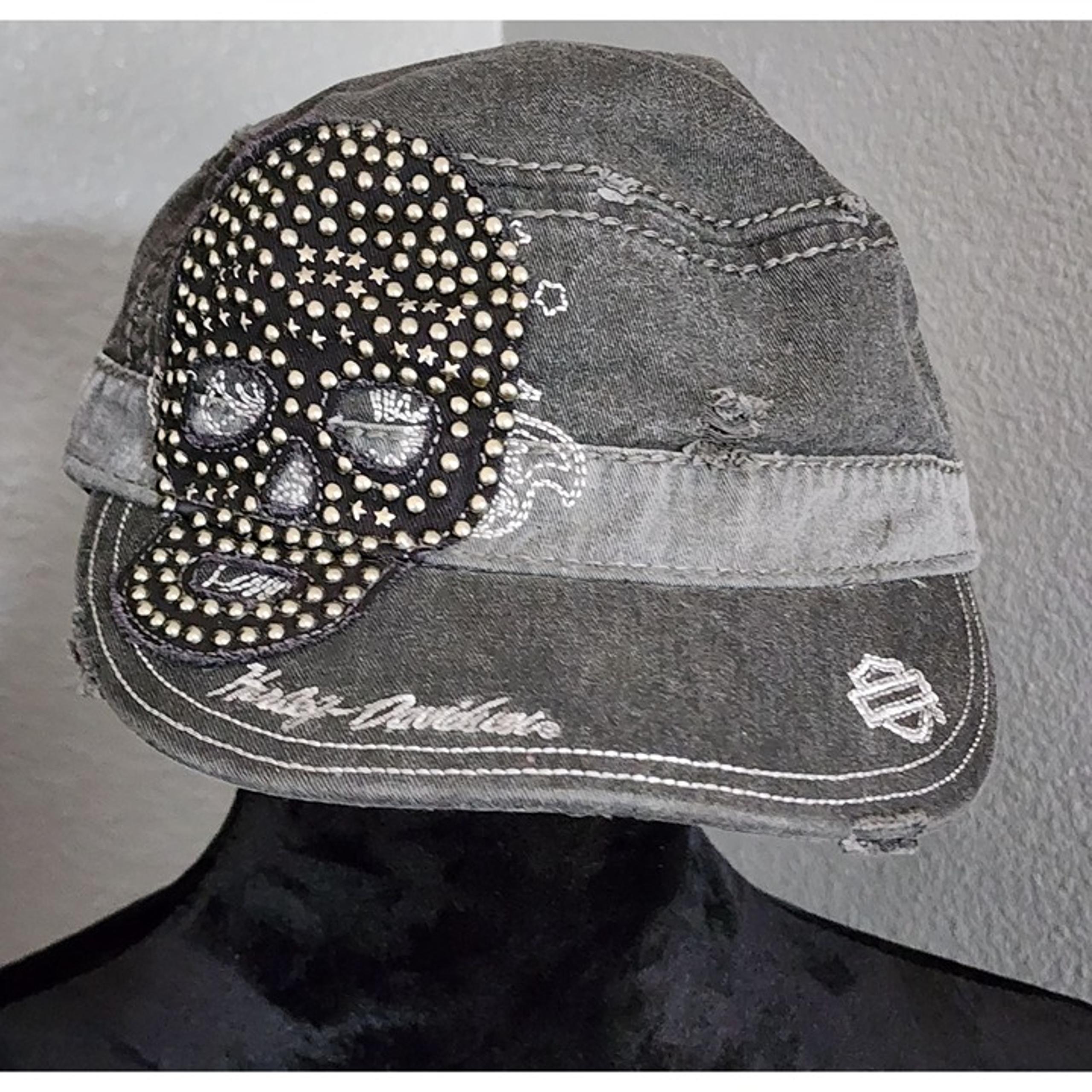 Harley-Davidson Cap Distressed Gray Studded Skull Adjustable Strap Motorcycle