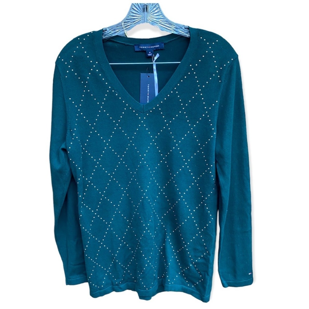 NWT. Tommy Hilfiger Green Cotton Argyle/Harleqiun gold tone studs Size Medium M