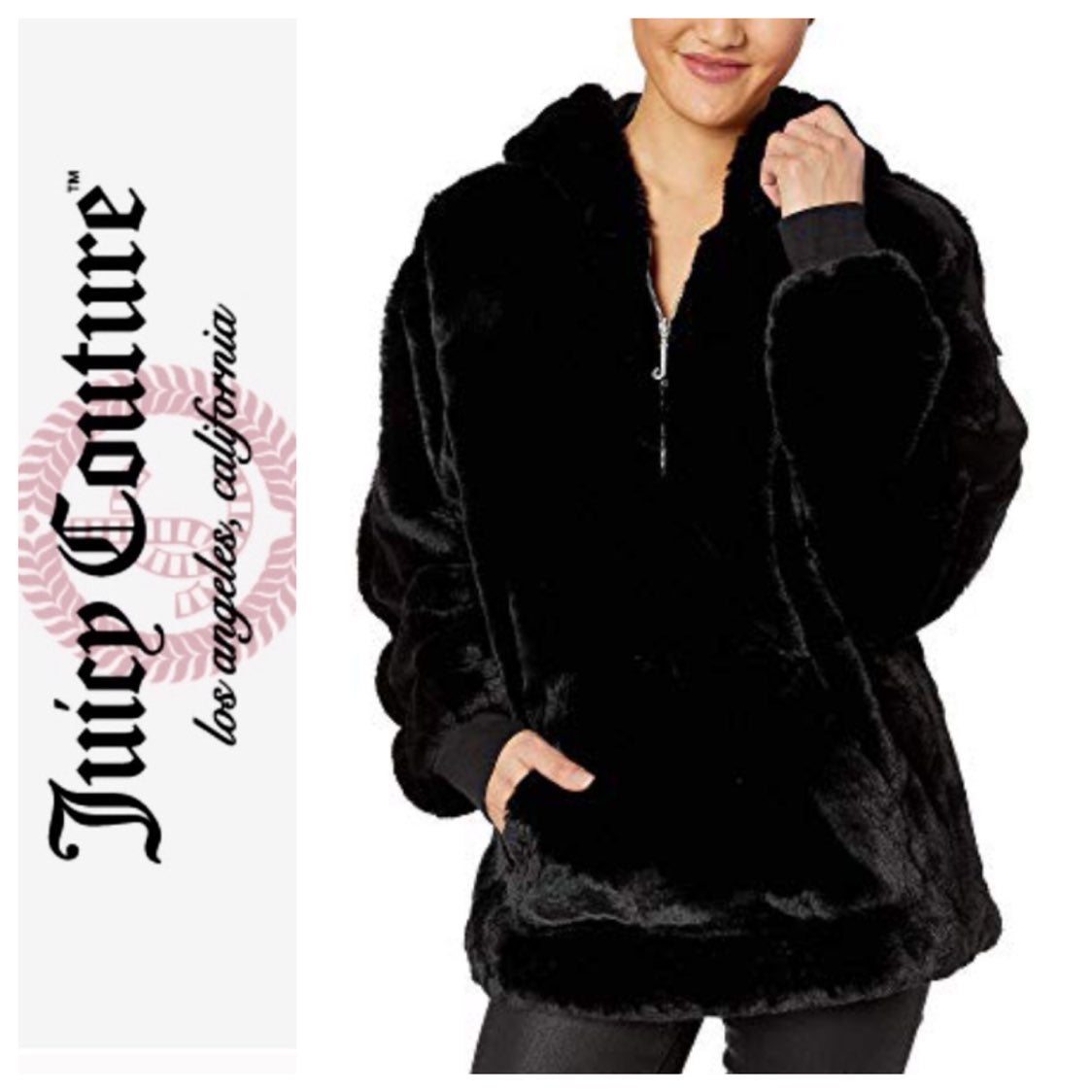 NEW JUICY COUTURE Black Vegan Fur Hoodie