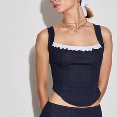 Motel Rocks Kayatra Denim Spaghetti Strap Chambray Indigo Corset Crop Top Tank S