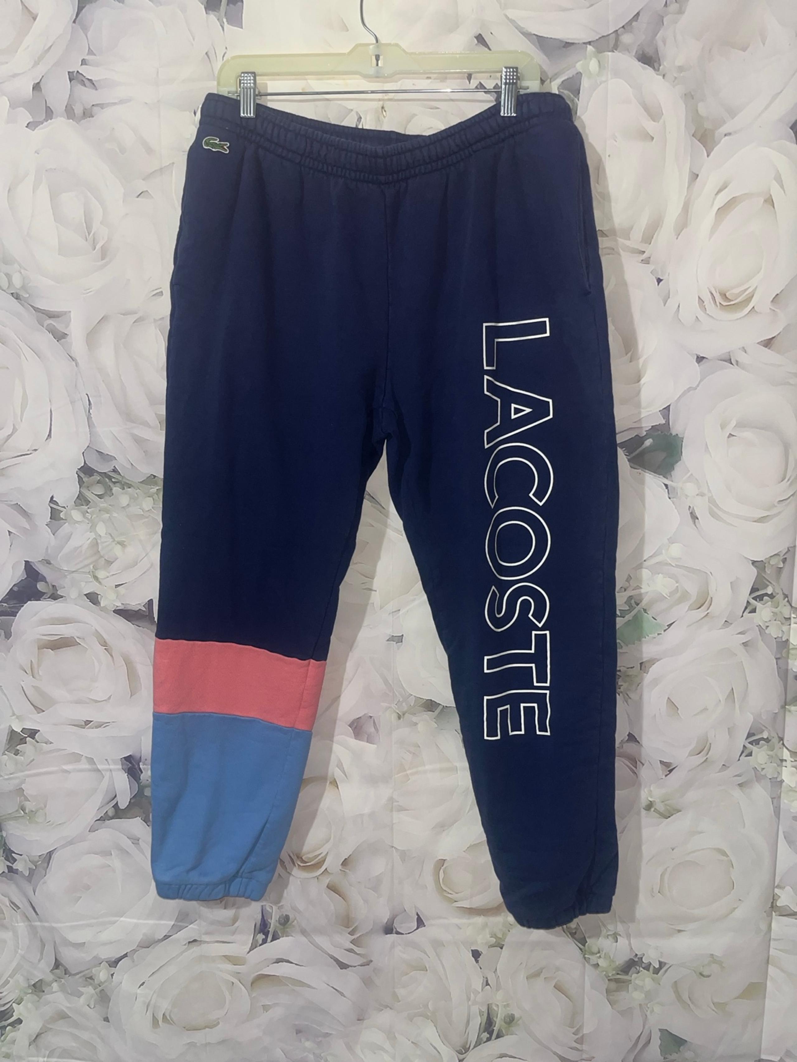 Lacoste Jogger Pants XL Mens Blue Pink Colorblock Spell Out Logo Fleece
