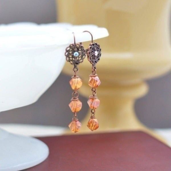 Copper Filigree and Crystal Earrings