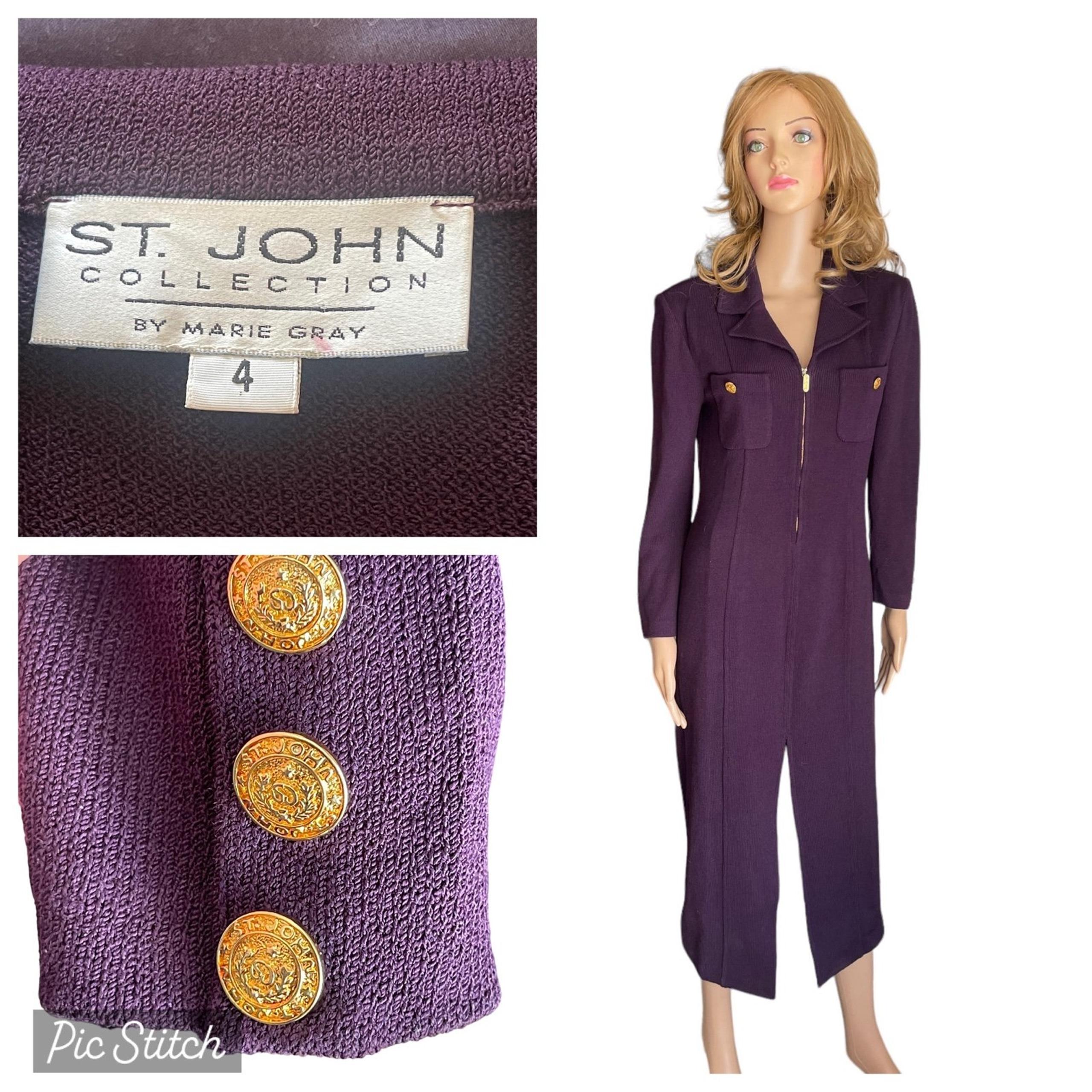 St. John collection PURPLE Dress Gown Gold Buttons Santana Knit Long Sleeve 4